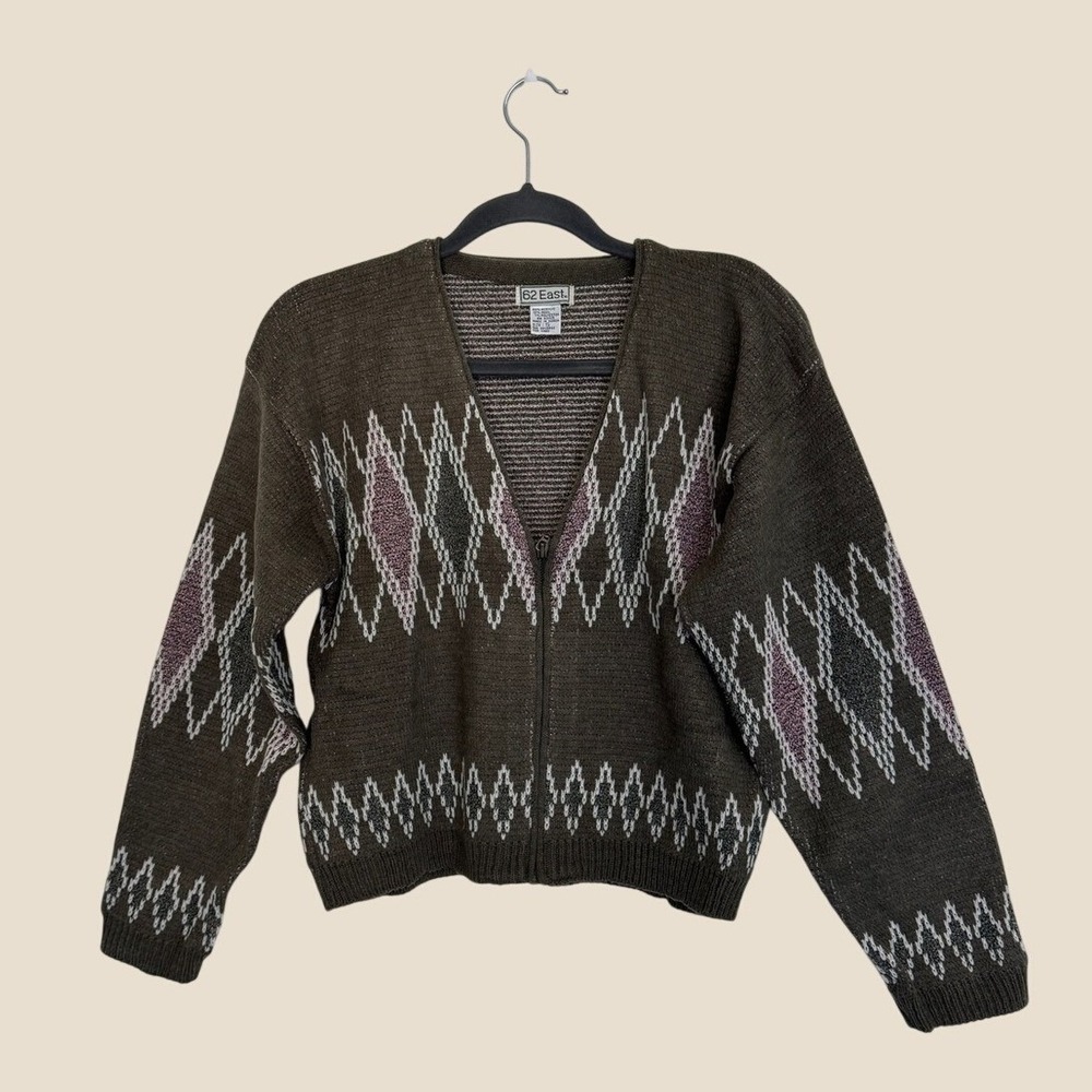 Vintage Small Wool Blend Olive Green Argyle Zip Front Cardigan Sweater Granny